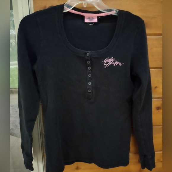 Harley-Davidson Tops - Harley Davidson Waffle Knit Scoop Neck Pullover Long Sleeve L Pink Black Cotton